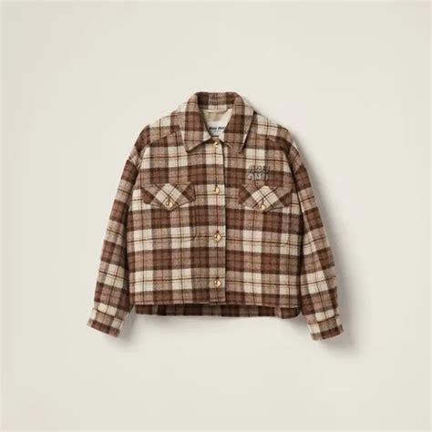 miu miu check jacket|Cocoa Brown Check Blouson Jacket .